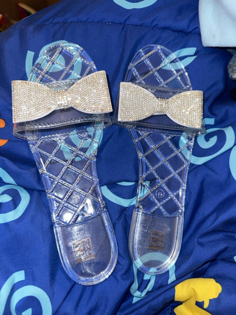 Women's Clear Jelly Slide Sandals with silver Rhinestone Bow